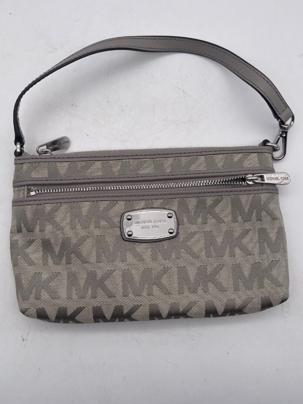 Michael Kors Gray Monogram Logo Print Wristlet Mini Purse 8.5" x 5" T22